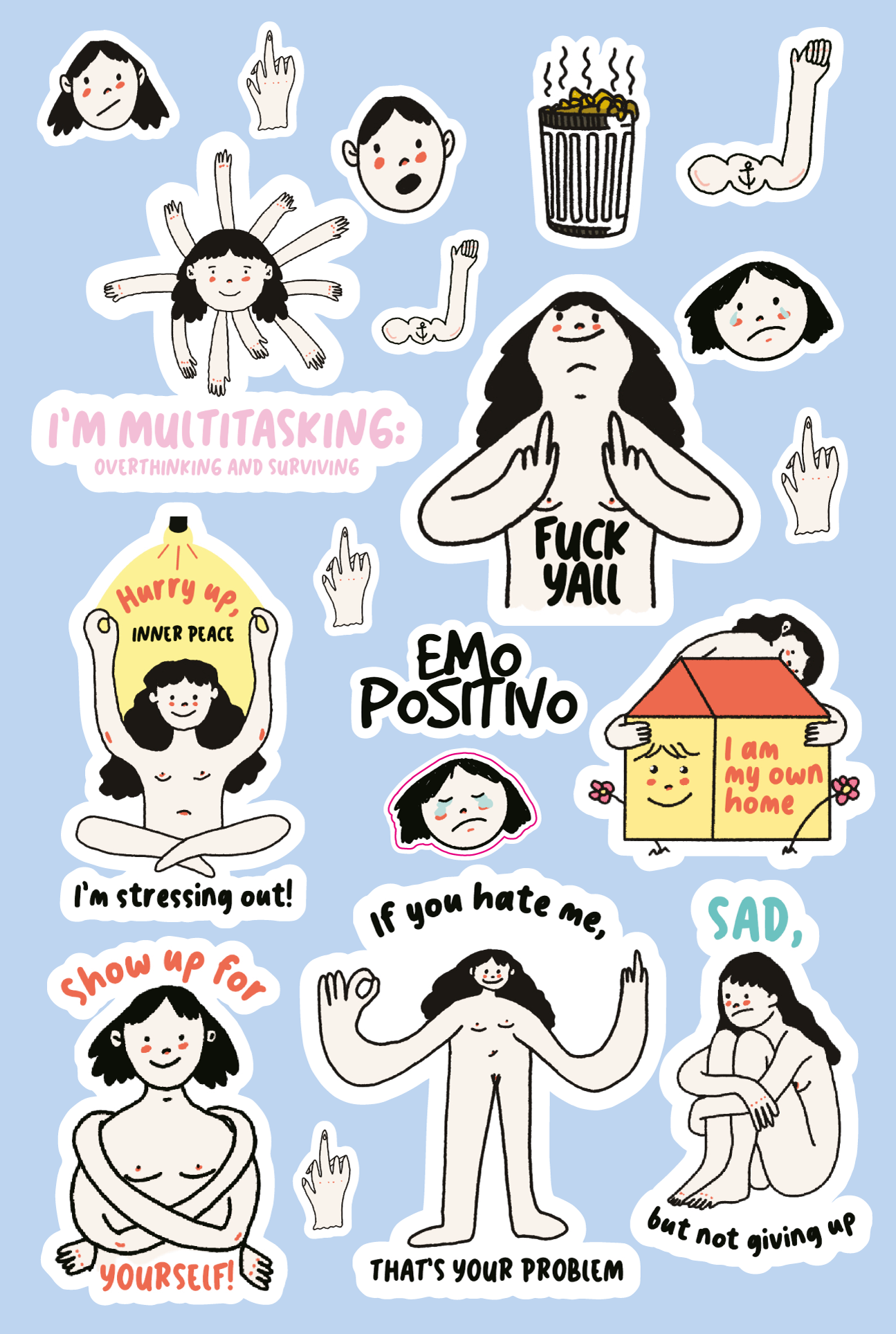 Sticker Sheet - Funny Emotional Stickers, Self-Love & Mental Health Art